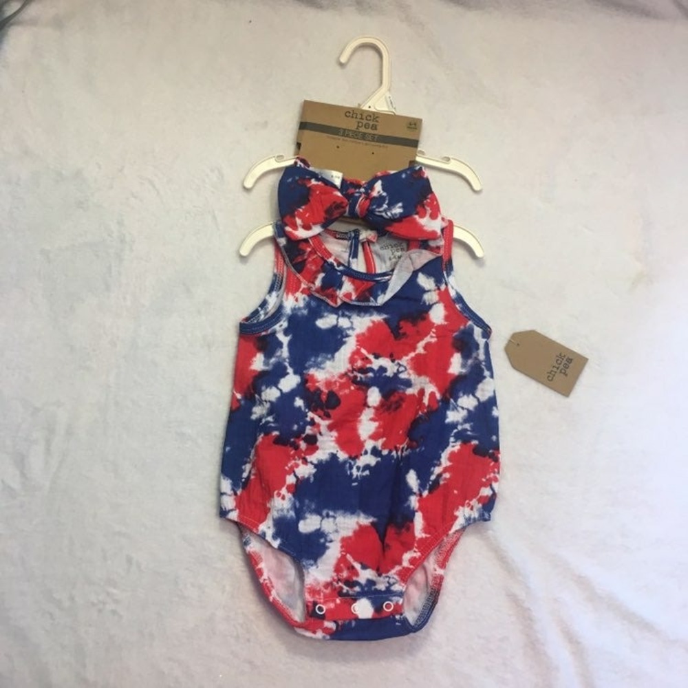 Chick Pea Romper Set Baby Girl 6-9M Red White Blue Tie Dye NEW Patriotic 3PC